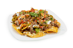 Super Nachos Carnitas: Includes tortilla chips topped with carnitas, refried beans, pico de gallo, nacho cheese, sour cream, guacamole, cilantro, and jalapeños.