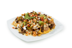Super Nachos Asada: Includes asada, tortilla chips, nacho cheese, sour cream, jalapeños, cilantro, pico de gallo, guacamole, refried beans, and onions.