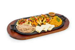 Combo #11 Fajitas: Sizzling, flavor‑packed fajitas served with tender grilled chicken and sautéed peppers and onions. Plated with fresh pico de gallo, warm flour tortillas, homemade refried beans, and authentic Mexican rice — everything you need to build the perfect bite.