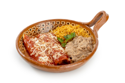 Combo #3 Enchilada Plate: Includes two enchiladas with your choice of chicken or cheese, served with rice and beans.