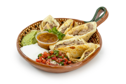 Quesadilla Carnitas: Made with tender carnitas, melted cheese, pico de gallo, and guacamole. Served with your choice of salsa.