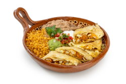 Combo #9 Quesadilla: A warm, cheesy quesadilla filled with your choice of protein and grilled to perfection. Served with fresh guacamole, pico de gallo, and sour cream, alongside authentic Mexican rice and creamy refried beans for a complete and satisfying meal.