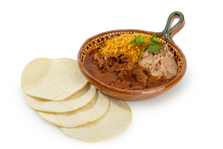 Combo #5 Colorado Combo: Tender beef simmered in a rich red chile Colorado sauce, full of deep, smoky flavor. Served with warm corn tortillas, authentic Mexican rice, and creamy refried beans — a classic, hearty Mexican plate.