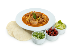 Pozole Soup Large 32oz: A hearty and traditional Mexican Pozole Soup made with tender slow‑cooked pork simmered in a rich red chile broth. Served with warm corn tortillas and classic garnishes so you can dress it your way.
