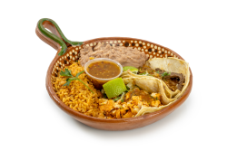 Combo #14 Colorado & Taco: A hearty combo plate featuring tender beef simmered in a rich red Colorado sauce, paired with one freshly made taco (your choice of meat). Served with Mexican rice, refried beans, warm tortillas, and house salsa.