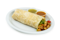 Breakfast Burrito Veggie: Includes Potatoes, eggs, beans, cheese,  and choice of red or green salsa.