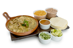 Chile Verde Family Meal: Includes 2 lb. of chile verde, 32 oz. of beans, 32 oz. of rice, salsa, and tortillas.