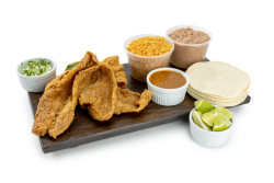 Basa Filet Family Meal: Includes 2 lb. of basa fillet, 32 oz. of beans, 32 oz. of rice, salsa, and tortillas.