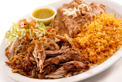 Combo #8 Carnitas Combo: Tender, slow‑cooked pork carnitas served with lettuce, pico de gallo, and house salsa. Comes with Mexican rice and refried beans.