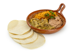 Combo #6 Verde Combo: Tender pork simmered in a rich, flavorful green chile (verde) sauce. Served with warm corn tortillas, authentic Mexican rice, and creamy refried beans for a classic and comforting Mexican plate.