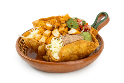 Taco Salad: A crisp, golden tortilla bowl filled with fresh shredded lettuce, melted cheese, refried beans, and your choice of meat. Topped with pico de gallo, guacamole, and sour cream for the perfect combination of crunch, flavor, and freshness.