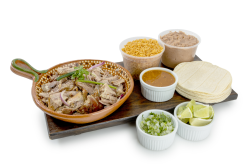 Carnitas Family Meal: Includes 1 lb. of carnitas, 32 oz. of beans, 32 oz. of rice, salsa, and tortillas.