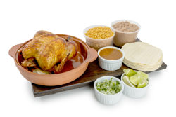 Chicken Family Meal: Includes 1 whole rotisserie chicken, 32 oz. of beans, 32 oz. of rice, salsa, and tortillas.